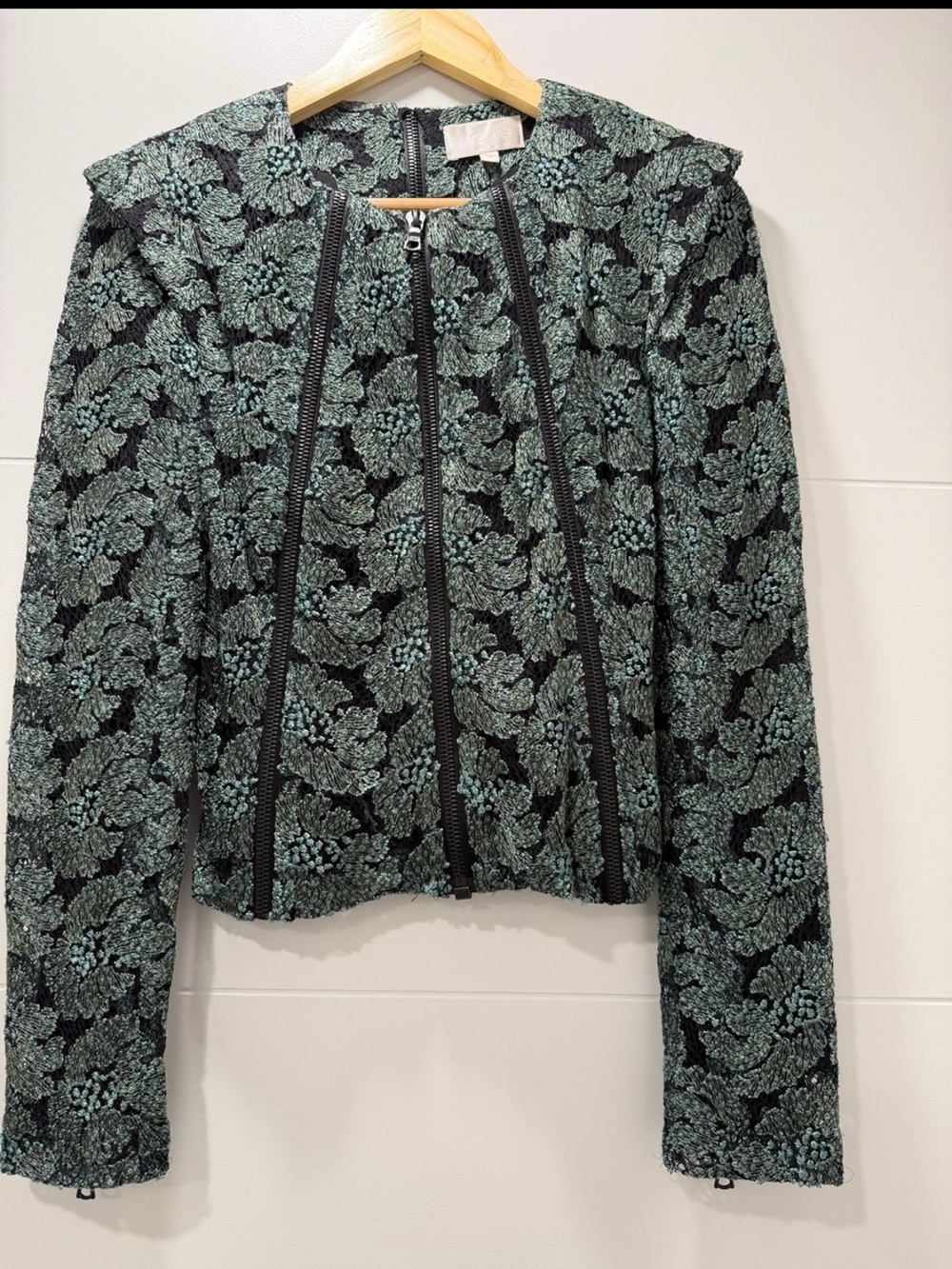 Alexis Womens Black & Mint Floral Zip-Front Jacket
